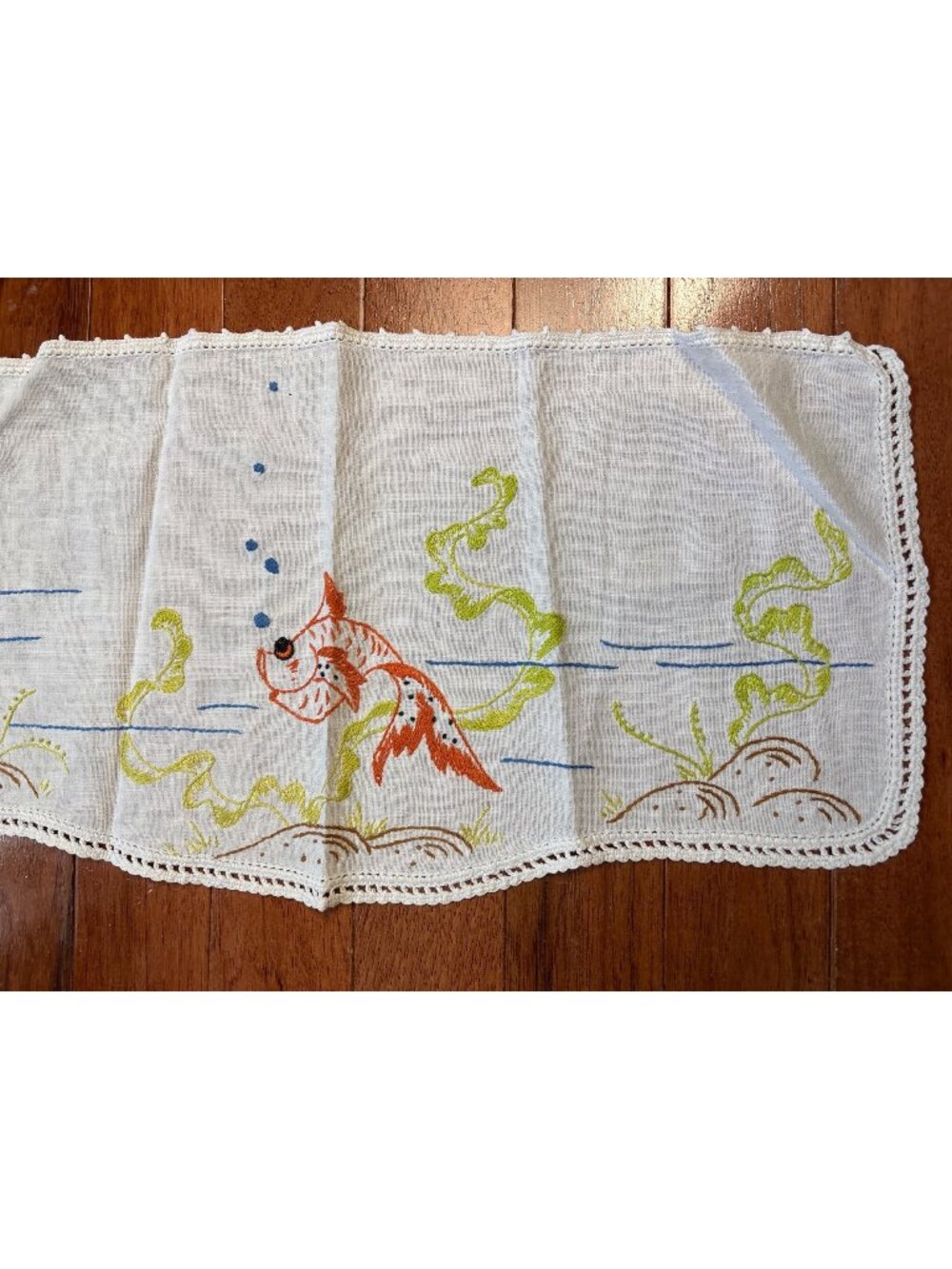Hand-Embroidered Fish Seaweed Linen Doily 8x17" Crocheted Edging Vtg